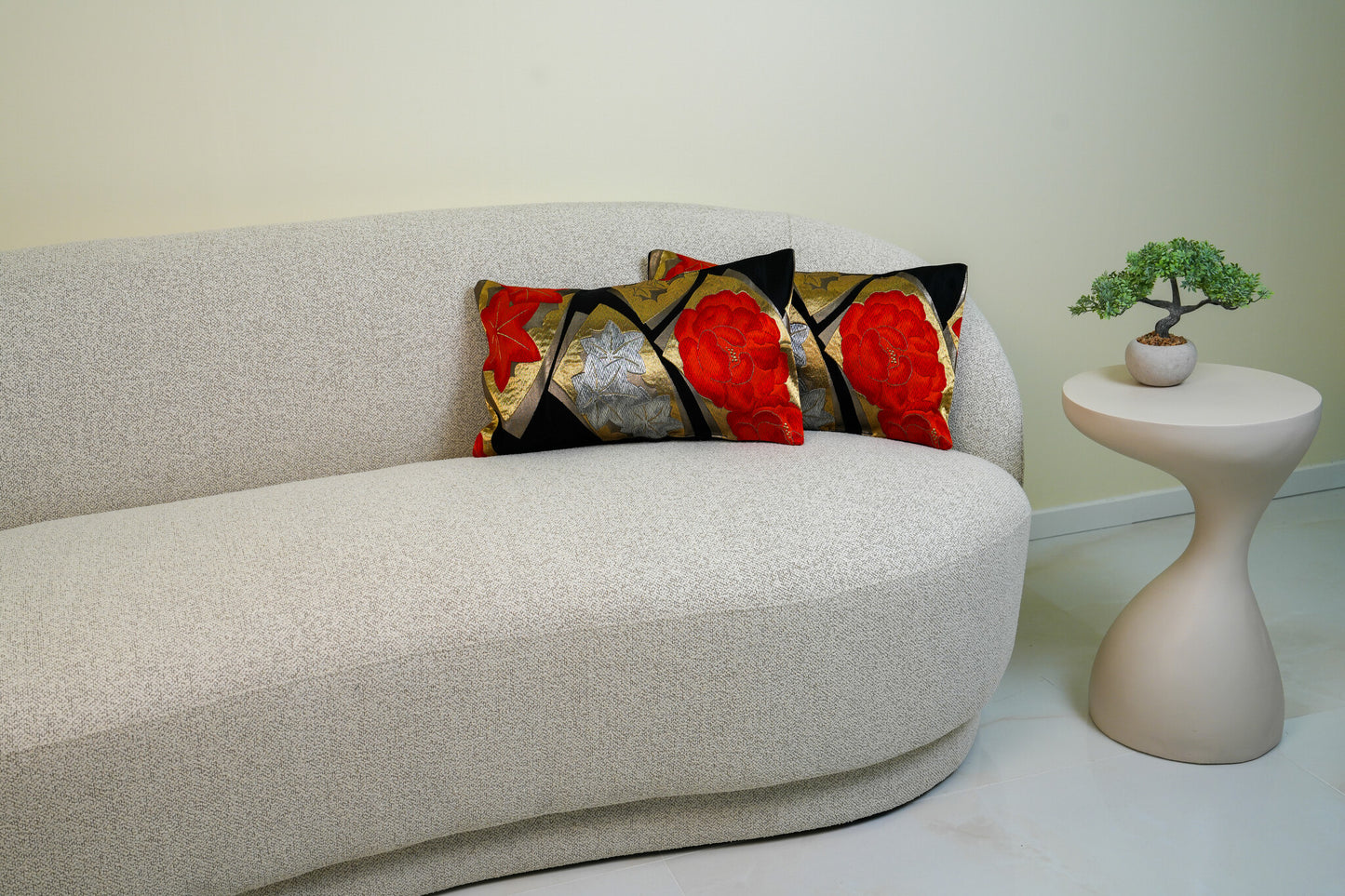 Renaras The Imperial Ogi Nocturne — Japanese Silk Lumbar Pillow, Black Gold Fan Momiji Maple Obi — Japanese silk pillow cover view 5