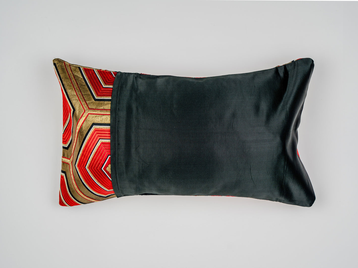 The Vermilion Kikkō Vanguard — Japanese Silk Lumbar Pillow, Black Red Gold Hexagon Obi