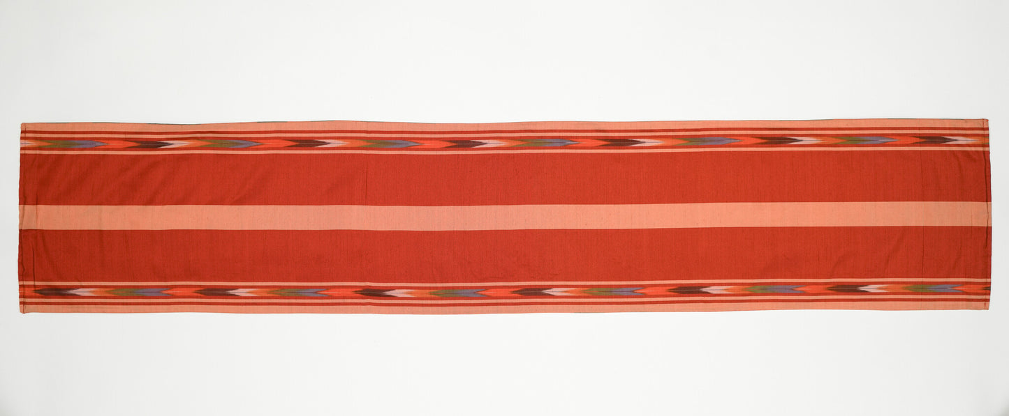 Japanese ceremonial silk table runner with Nagoya mosaic and ikat borders in terracotta and saffron — Renaras atelier