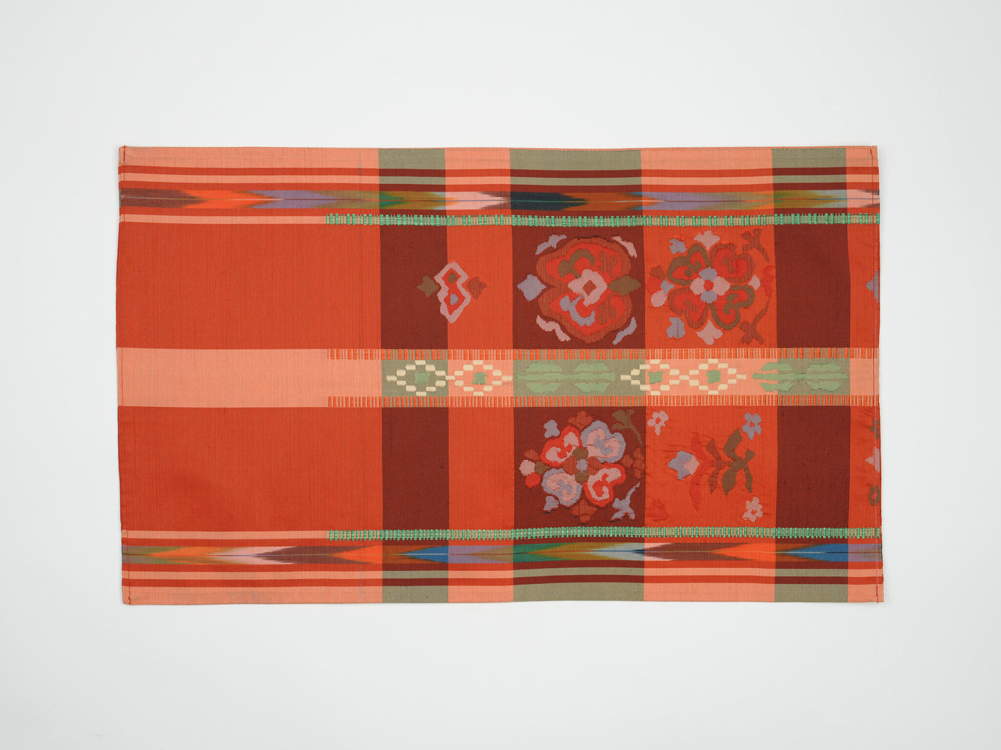 Japanese ceremonial silk placemat with Nagoya mosaic and ikat borders — Renaras atelier