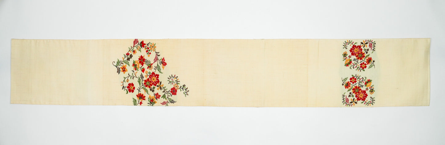 Japanese ceremonial silk table runner with embroidered wildflowers in champagne and crimson — Renaras atelier