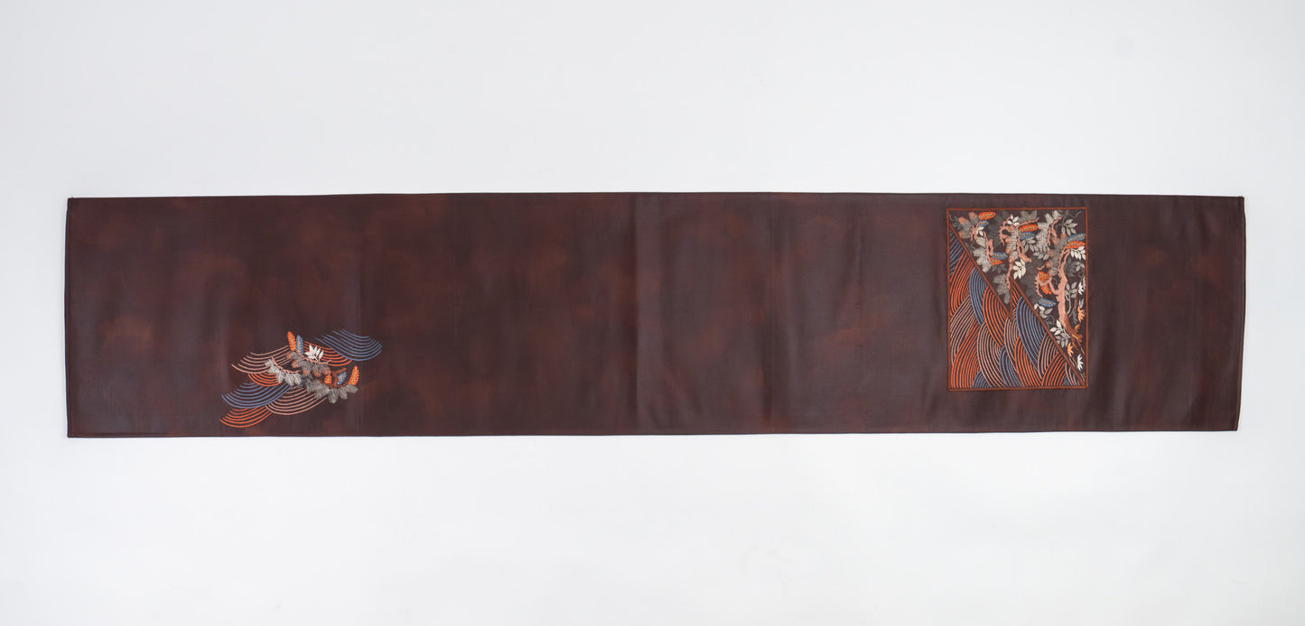 Japanese ceremonial silk table runner with seigaiha and matsu in deep plum — Renaras atelier