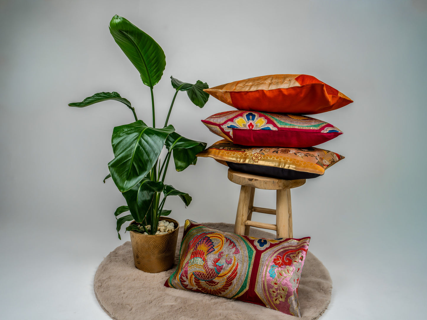 Renaras The Fuchsia Ho-o Ascension — Japanese Silk Lumbar Pillow, Fuchsia Gold Phoenix Obi — Japanese silk pillow cover view 5
