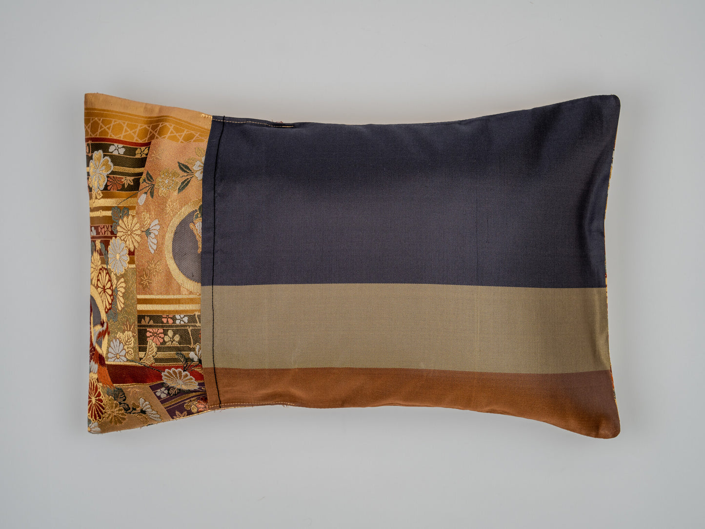 Japanese ceremonial silk lumbar pillow with hōō phoenix, butterfly and chrysanthemum motif in gold and crimson — Renaras atelier
