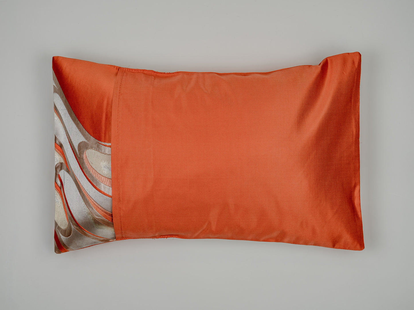 The Ryusui Silver Wave — Japanese Silk Lumbar Pillow, Persimmon & Silver Nishijin Obi