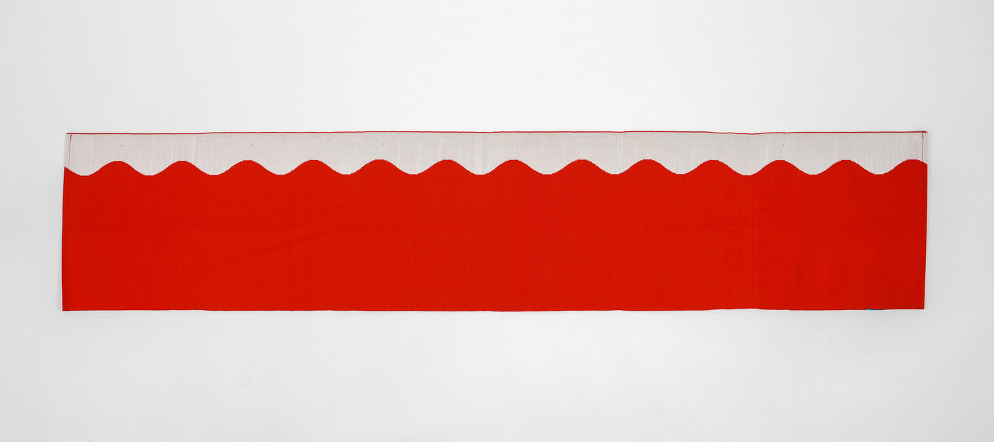 Japanese ceremonial silk table runner with wave architecture in vermilion and silver — Renaras atelier