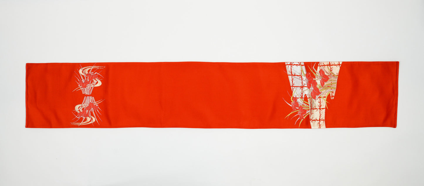 Renaras The Nishiki-Hi | Vintage Japanese Silk Table Runner in Vermilion, Silver Floral Obi — silk table runner view 6