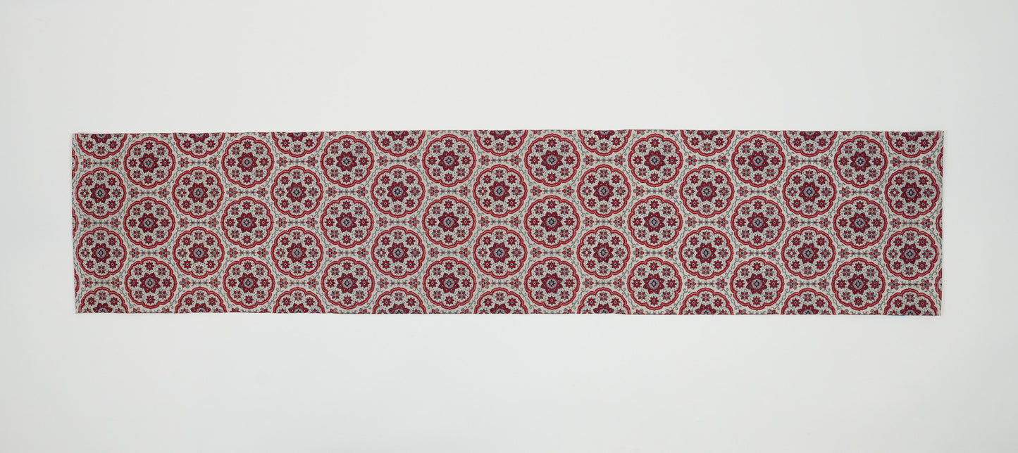 Japanese ceremonial silk table runner with karabana rosette in crimson and silver — Renaras atelier