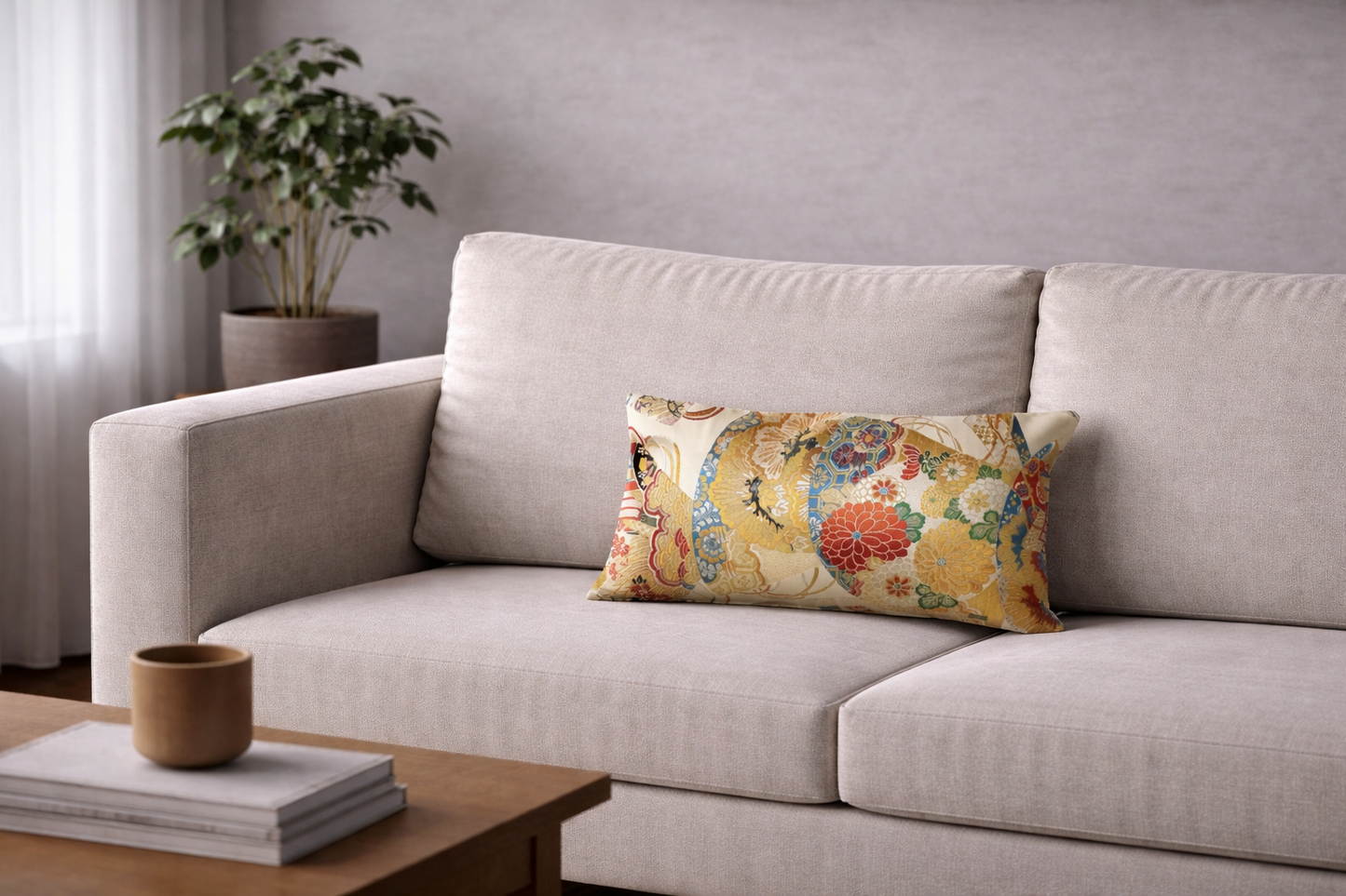 Japanese ceremonial silk lumbar pillow with ogi folding fan in cream and gold — Renaras atelier