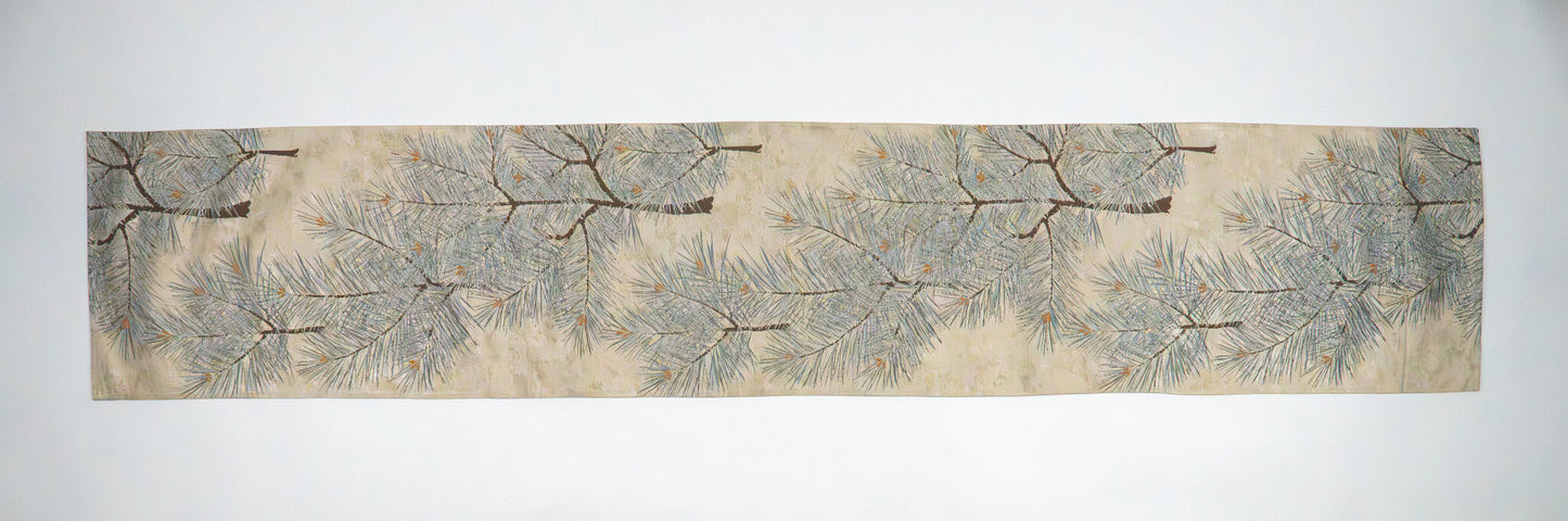 Japanese ceremonial silk table runner with matsu pine in cream and silver — Renaras atelier