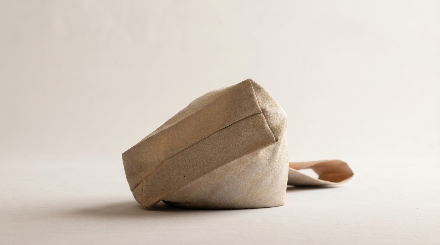 Japanese Ceremonial Silk Knot Bag – The Kasumi no Hi, Plant-Dyed Tonal Field in Camel and Olive