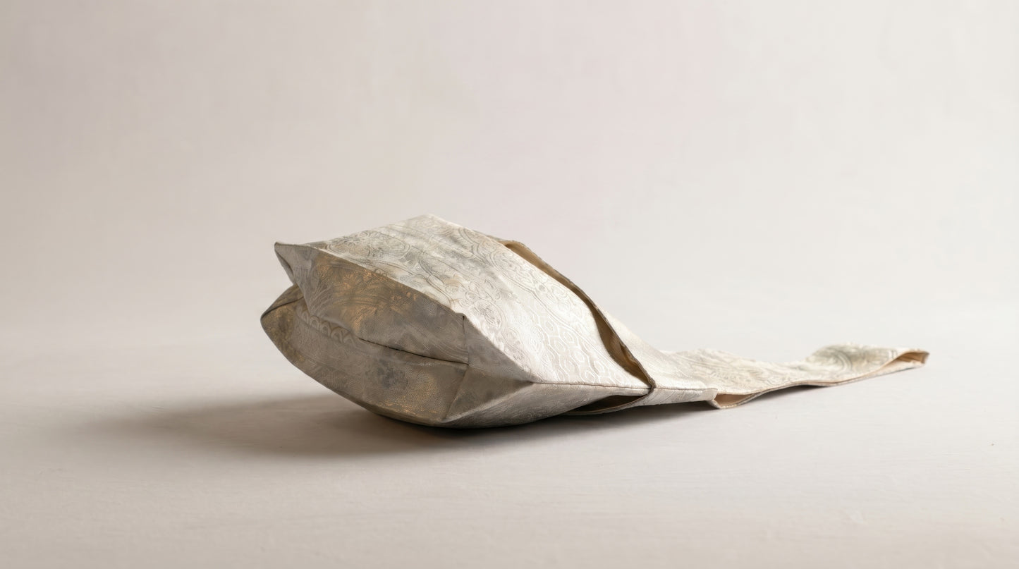 Japanese Ceremonial Silk Knot Bag – The Gin no Ame, Silver Karakusa Damask in Platinum Silver