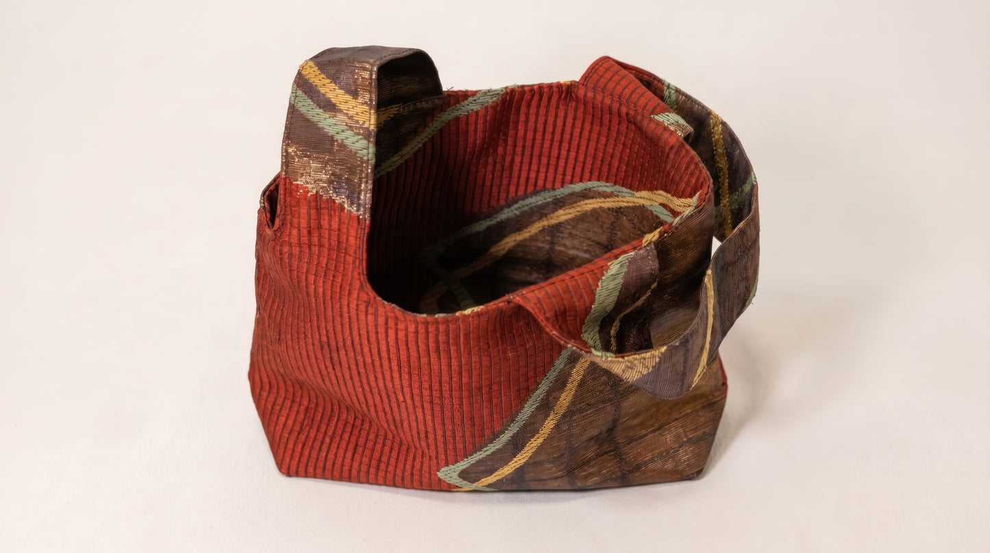 Japanese Ceremonial Silk Knot Bag – The Inazuma, Diagonal Lines on Patchwork in Oxblood and Gold
