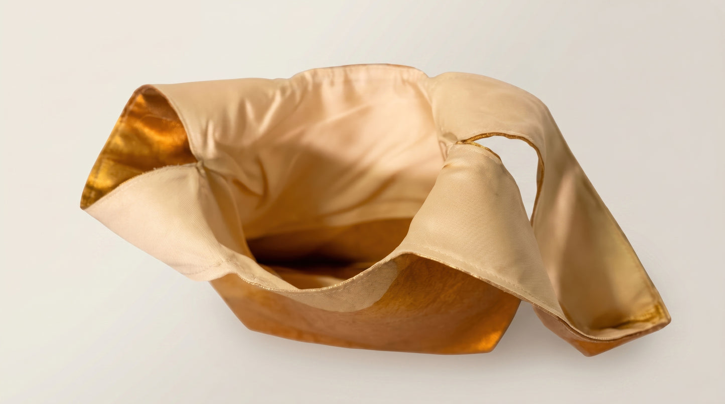 Japanese Ceremonial Silk Knot Bag – The Yamane no Hi, Geometric Patchwork in Mustard and Rust