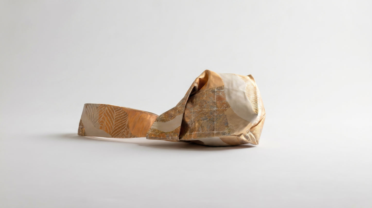 Japanese Ceremonial Silk Knot Bag – The Tsugihagi no Hikari, Patchwork Weaves in Champagne Gold