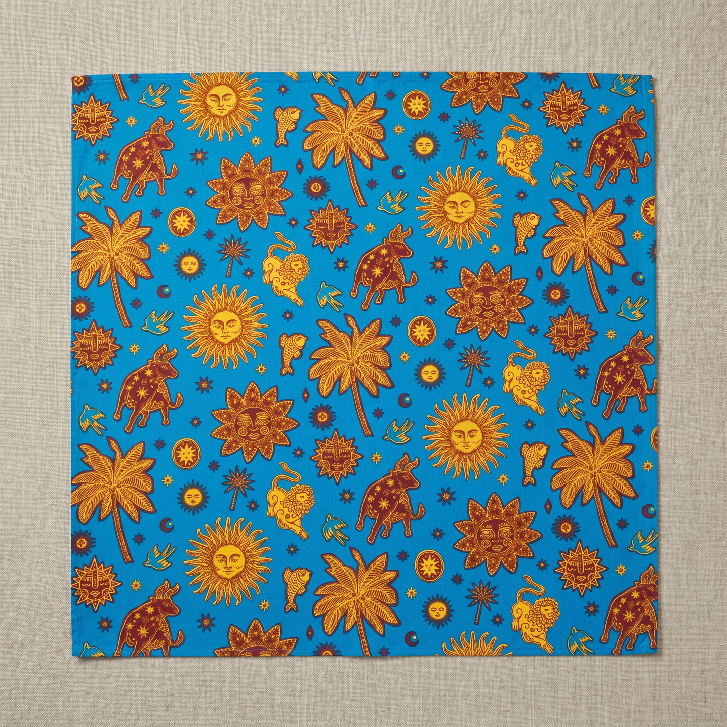 Cotton Furoshiki – The Folk Sun, Suns and Lions in Bright Blue