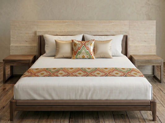 Japanese Ceremonial Silk Bed Runner Set – The Hishi, Diamond Lattice with Gold Rosettes in Taupe and Cream