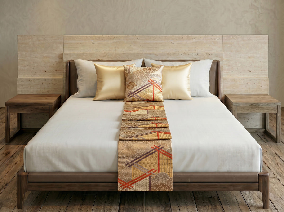Japanese Ceremonial Silk Bed Runner Set – The Rangiku, Wild Chrysanthemums under Crossing Bars in Taupe