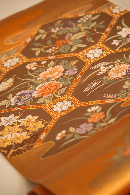 Japanese Ceremonial Silk Bed Runner Set – The Kohaku, Flower-filled Hexagons in Amber