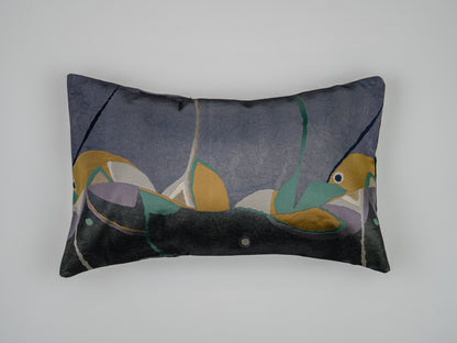 Japanese ceremonial silk lumbar pillow with modernist abstract motif in indigo and black — Renaras atelier
