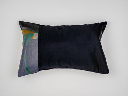 Japanese ceremonial silk lumbar pillow with modernist abstract motif in indigo and black — Renaras atelier