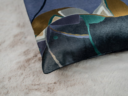 Japanese ceremonial silk lumbar pillow with modernist abstract motif in indigo and black — Renaras atelier