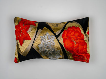Japanese ceremonial silk lumbar pillow with ogi fan and momiji maple in black and gold — Renaras atelier