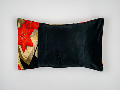 Japanese ceremonial silk lumbar pillow with ogi fan and momiji maple in black and gold — Renaras atelier