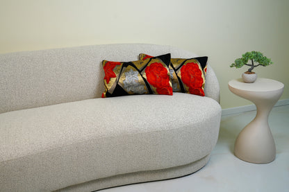 Japanese ceremonial silk lumbar pillow with ogi fan and momiji maple in black and gold — Renaras atelier