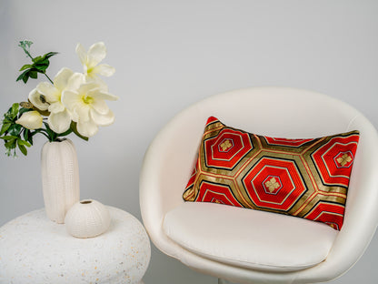 Japanese ceremonial silk lumbar pillow with kikkō hexagon in black, red and gold — Renaras atelier