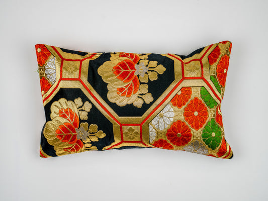 Japanese ceremonial silk lumbar pillow with kiri paulownia crest in black and gold — Renaras atelier
