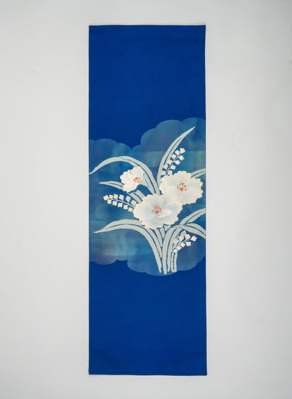 Japanese ceremonial silk wall tapestry with white hibiscus on royal indigo — Renaras atelier
