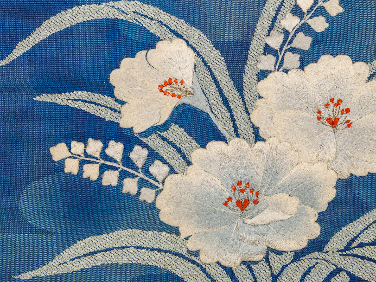 Japanese ceremonial silk wall tapestry with white hibiscus on royal indigo — Renaras atelier