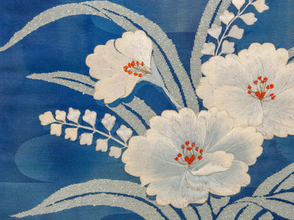 Japanese ceremonial silk wall tapestry with white hibiscus on royal indigo — Renaras atelier