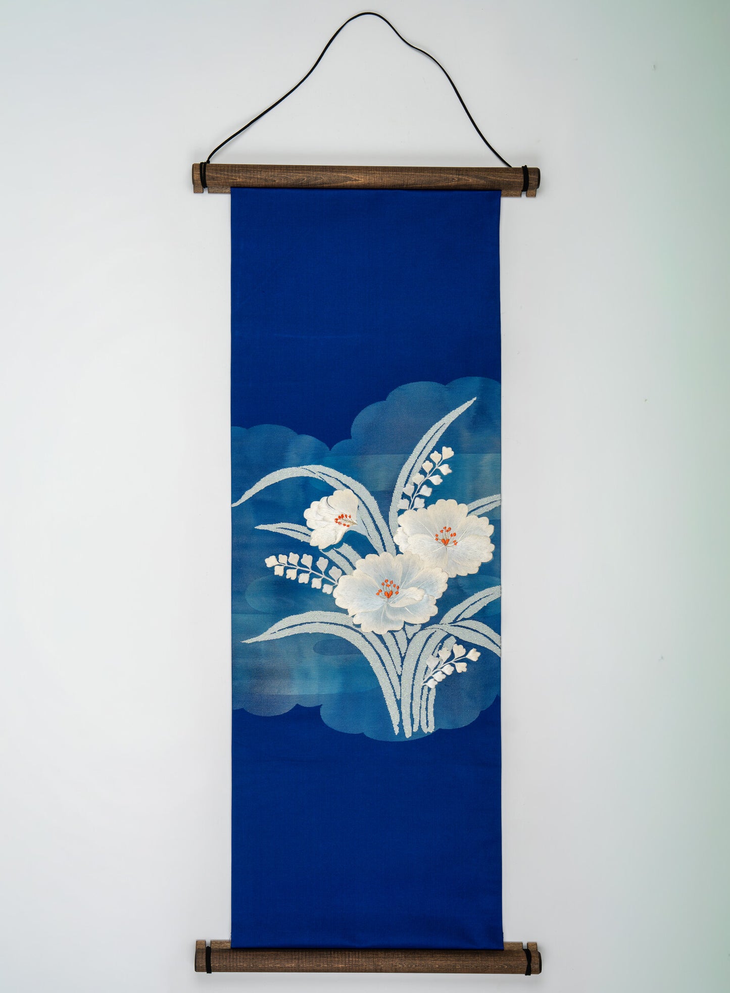 Japanese ceremonial silk wall tapestry with white hibiscus on royal indigo — Renaras atelier