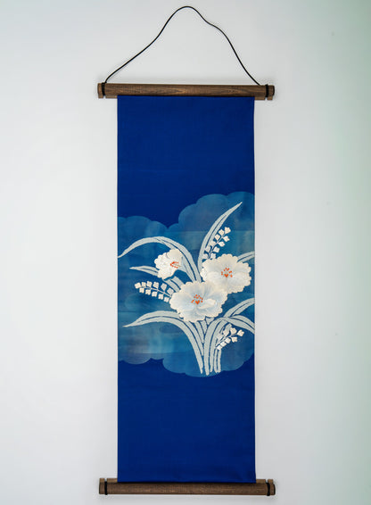 Japanese ceremonial silk wall tapestry with white hibiscus on royal indigo — Renaras atelier