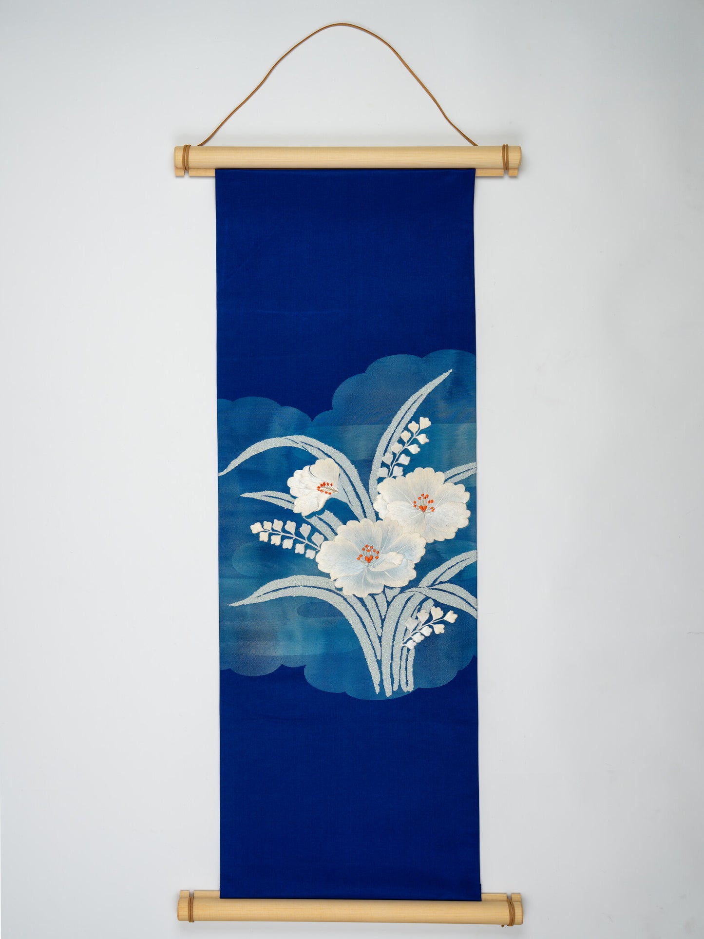 Japanese ceremonial silk wall tapestry with white hibiscus on royal indigo — Renaras atelier