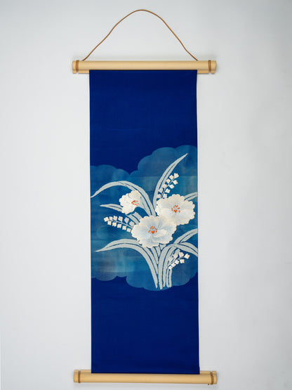 Japanese ceremonial silk wall tapestry with white hibiscus on royal indigo — Renaras atelier