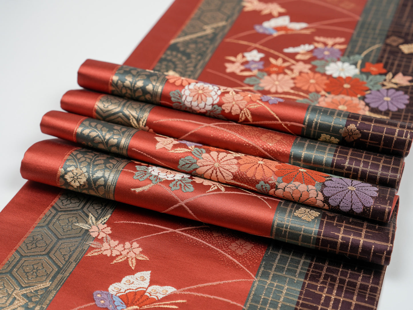 Japanese ceremonial silk table runner with kiku-chō chrysanthemum and butterfly in terracotta and gold — Renaras atelier