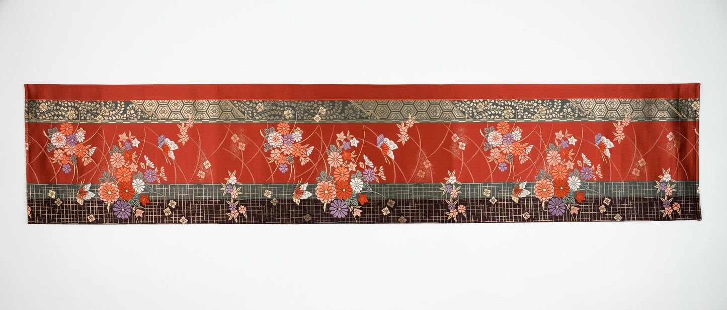 Japanese ceremonial silk table runner with kiku-chō chrysanthemum and butterfly in terracotta and gold — Renaras atelier