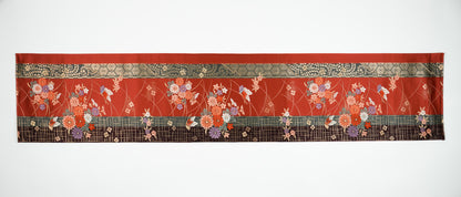 Japanese ceremonial silk table runner with kiku-chō chrysanthemum and butterfly in terracotta and gold — Renaras atelier