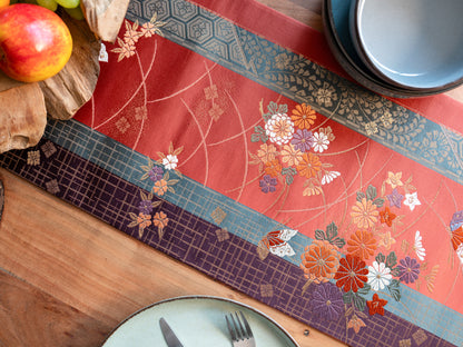 Japanese ceremonial silk table runner with kiku-chō chrysanthemum and butterfly in terracotta and gold — Renaras atelier