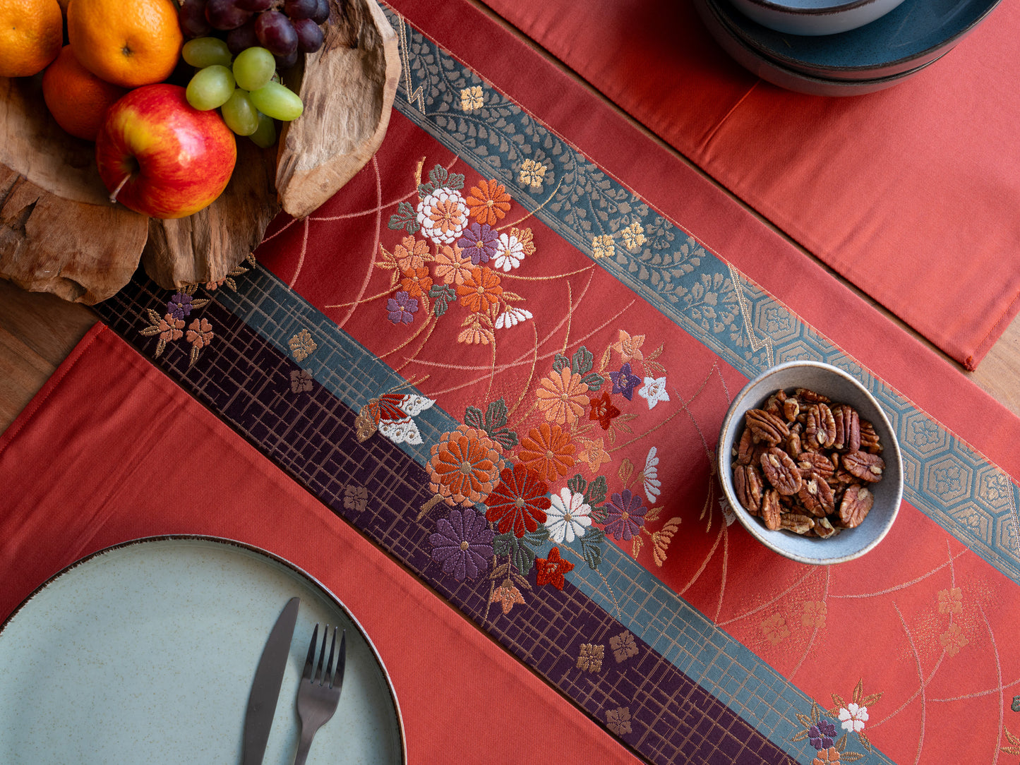 Japanese ceremonial silk table runner with kiku-chō chrysanthemum and butterfly in terracotta and gold — Renaras atelier