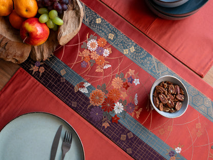 Japanese ceremonial silk table runner with kiku-chō chrysanthemum and butterfly in terracotta and gold — Renaras atelier