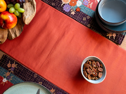 Japanese ceremonial silk table runner with kiku-chō chrysanthemum and butterfly in terracotta and gold — Renaras atelier