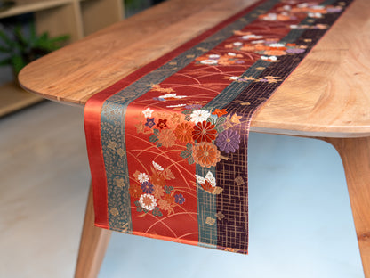 Japanese ceremonial silk table runner with kiku-chō chrysanthemum and butterfly in terracotta and gold — Renaras atelier