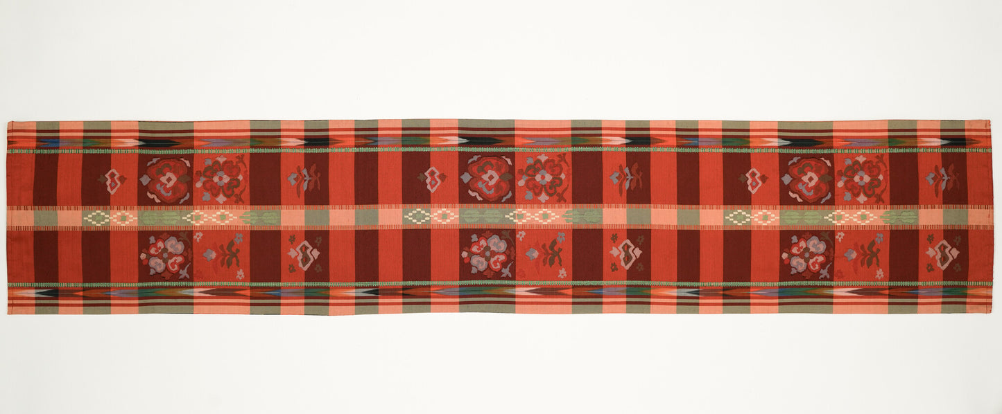 Japanese ceremonial silk table runner with Nagoya mosaic and ikat borders in terracotta and saffron — Renaras atelier