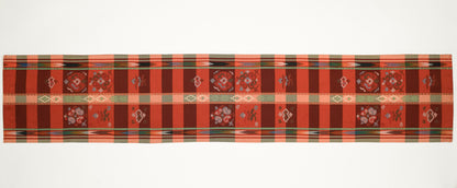 Japanese ceremonial silk table runner with Nagoya mosaic and ikat borders in terracotta and saffron — Renaras atelier