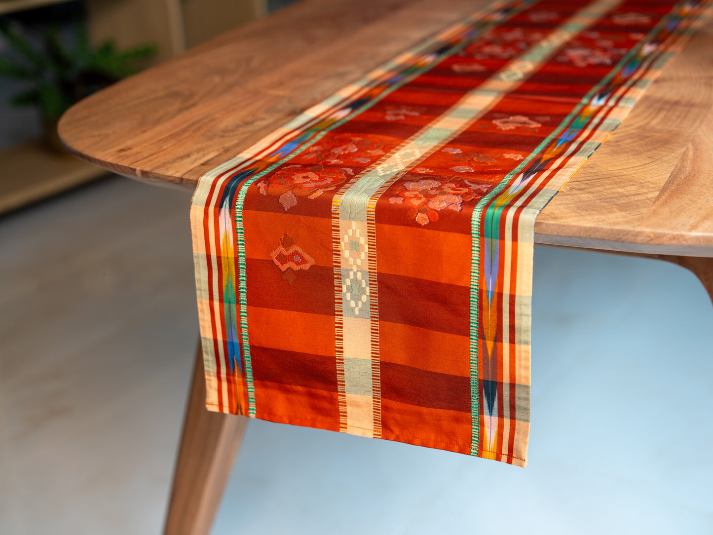 Japanese ceremonial silk table runner with Nagoya mosaic and ikat borders in terracotta and saffron — Renaras atelier