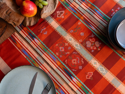 Japanese ceremonial silk table runner with Nagoya mosaic and ikat borders in terracotta and saffron — Renaras atelier